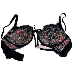 Victoria's Secret Black and Pink Floral Lace Bra